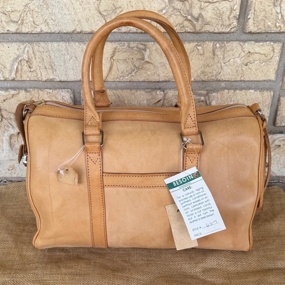 Beson Int. Dead-stock Elegant Tan Men's Duffel Bag tan leather New Vintage NWT - Picture 3 of 16